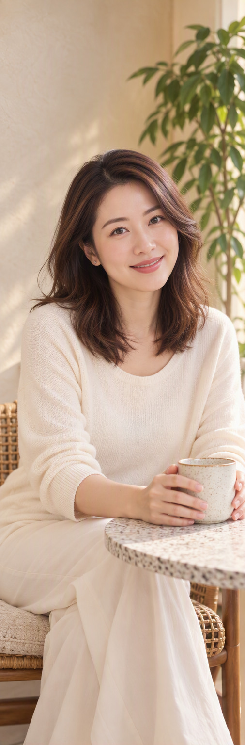 Warm founder portrait in a sunlit home setting.