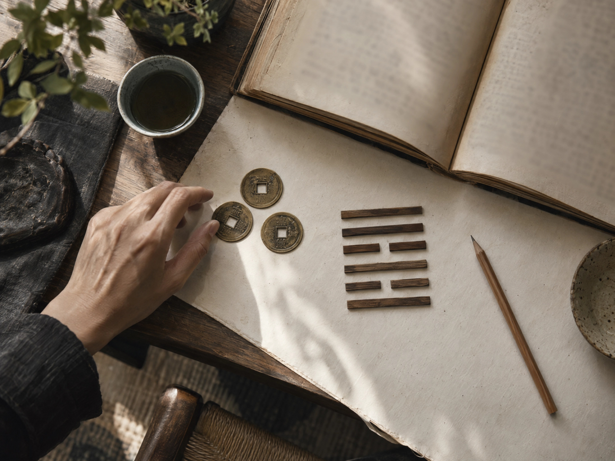 Illustrative overhead view of Chinese coins and an I Ching-inspired reading desk.