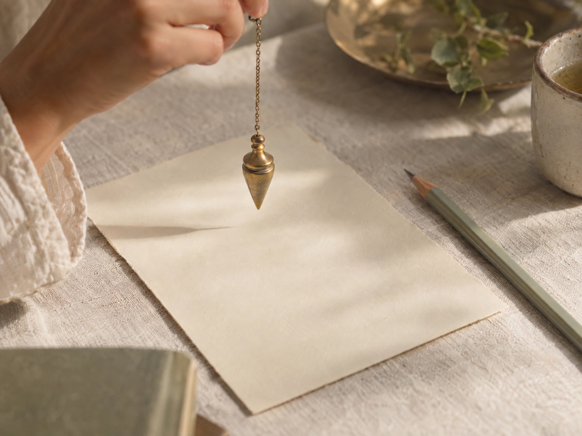 Illustrative close-up of a pendulum above a handwritten session note.